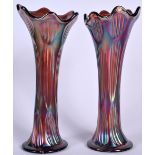 A PAIR OF FENTON "DIAMOND AND RIB" VASES in amethyst carnival glass, c.1915-1925 28 cm high.