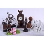 A WOODEN FIGURAL CLOCK IN THE FORM OF A STANDING BEAR, together with an abstract bronze, porcelain