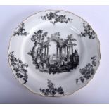 A 18TH CENTURY WORCESTER PLATE printed with soldiers in a classical ruins surrounded by statues, th