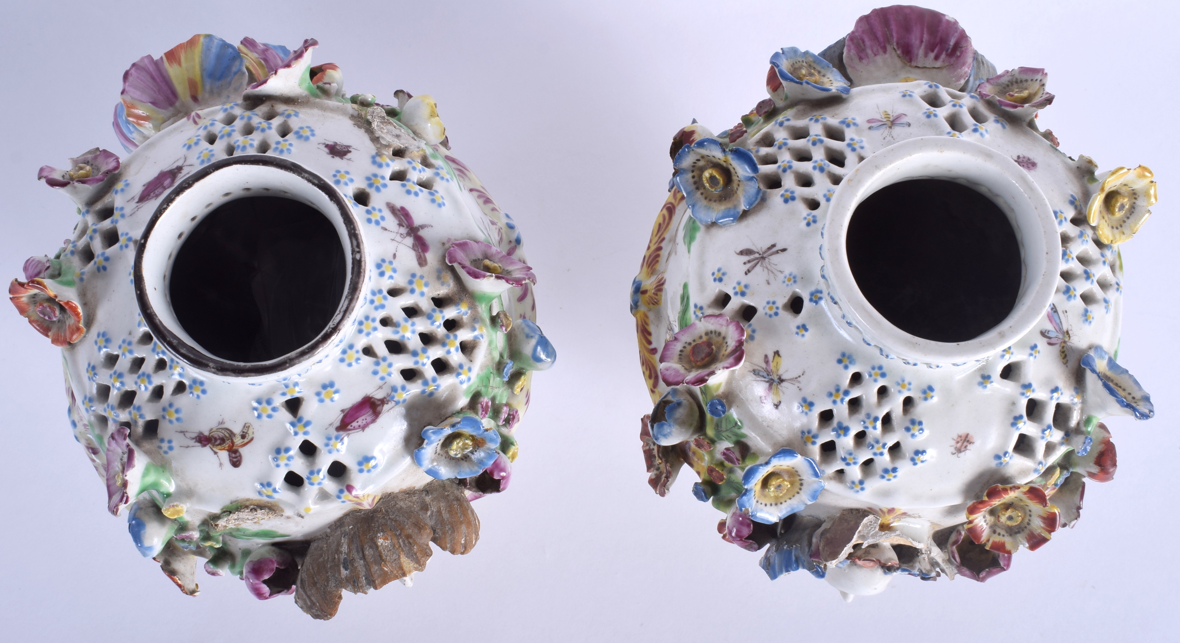 A PAIR OF 18TH CENTURY CHELSEA DERBY PORCELAIN VASES painted with flowers and mask heads. 21 cm hig - Image 3 of 4