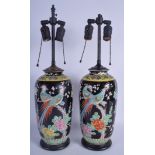 A PAIR OF 19TH CENTURY JAPANESE MEIJI PERIOD FAMILLE NOIRE VASES converted to lamps. Porcelain 30 c