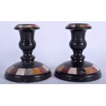 A PAIR OF MID 19TH CENTURY DERBYSHIRE ASHFORD MARBLE CANDLESTICKS with hardstone inlay. 12 cm x 9 c