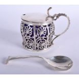 A LARGE ART DECO SILVER MUSTARD POT & SPOON Birmingham 1923. Silver 6.6 oz. (2)