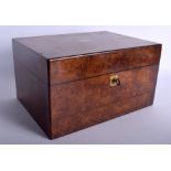 A VICTORIAN BURR WALNUT TRAVELLING LADIES VANITY CASE with fitted interior. 32 cm x 19 cm.