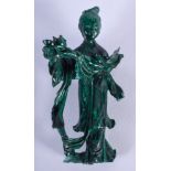 AN EARLY 20TH CENTURY CHINESE CARVED MALACHITE FIGURE OF GUANYIN Late Qing. 10 cm high.