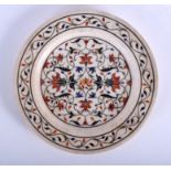 AN INDIAN AGRA MARBLE INLAID PIETRA DURA STYLE DISH decorated with foliage. 23 cm diameter.