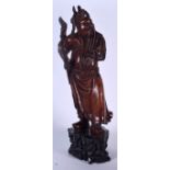 A LARGE 19TH CENTURY CHINESE CARVED ROOTWOOD FIGURE OF AN IMMORTAL modelled with jadeite hair piece