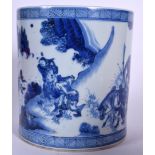 A LARGE CHINESE TRANSITIONAL STYLE BLUE AND WHITE PORCELAIN BRUSH POT, decorated with figures in a