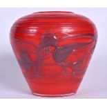 A RED LOETZ TYPE ART GLASS VASE, decorated with silvered ribbons, signed. 18 cm x 19 cm.