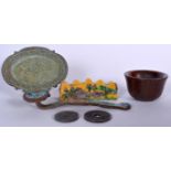 A CHINESE SANCAI POTTERY BRUSH REST, together with a rui sceptre, bronze pin dish etc. (qty)