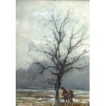 TOM SCOTT (1854-1927) FRAMED WATERCOLOUR, signed, a horse beside a tree in a landscape, label with