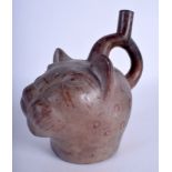 AN ANTIQUE PRE COLUMBIAN SOUTH AMERICAN SPOTTED LEOPARD POTTERY JUG painted with motifs. 22 cm x 20