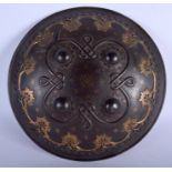 AN 18TH/19TH CENTURY MUGHAL INDIAN PERSIAN IRON SHIELD overlaid with bronze foliage. 35 cm diameter