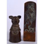 A CHINESE BRONZE SEAL, together with a pig sculpture. Largest 9.5 cm. (2)