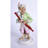 A 19TH CENTURY GERMAN SITZENDORF FIGURE OF A MONKEY MUSICIAN playing a red pipe. 14 cm high.