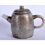 AN EARLY 20TH CENTURY CHINESE PEWTER OVERLAID YIXING TEAPOT AND COVER with jade mounts. 14 cm wide.