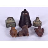 THREE MINIATURE EASTERN BRONZE SEALS, together with three figures. (6)