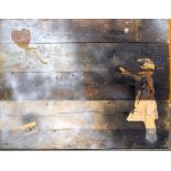 A LARGE WOODEN PLANKED PANEL SIGNED BANKSY, stencil decoration. 79 cm x 100 cm.