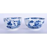 A 18TH CENTURY LOWESTOFT TEA BOWL painted with a hut on a wall and a Derby tea bowl painted with t