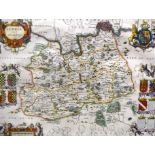 A GOOD DOUBLE SIDED FRAMED ANTIQUE MAP OF SURREY, the reverse holding Latin text. 37 cm x 51 cm.