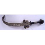 A 19TH CENTURY ISLAMIC KHANJAR CURVED DAGGER, the scabbard inlaid with silver forming foliage. 39 c