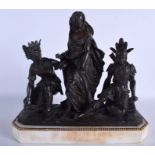 A RARE 19TH CENTURY FRENCH BRONZE FIGURE OF A STANDING FEMALE flanked by two Central Americans. 36