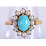 AN ANTIQUE 9CT GOLD TURQUOISE AND SEED PEARL RING. 2.2 grams. L.