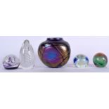 A MALTESE IRIDESCENT GLASS VASE, together with a Caithness, Mdina and two other paperweights. (5)