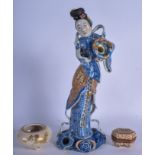 A LARGE EARLY 20TH CENTURY CHINESE BLUE AND WHITE FIGURE together with a Satsuma bowl & a Satsuma b