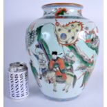 A LARGE 19TH CENTURY CHINESE FAMILLE VERTE PORCELAIN VASE Kangxi style, painted with warriors withi