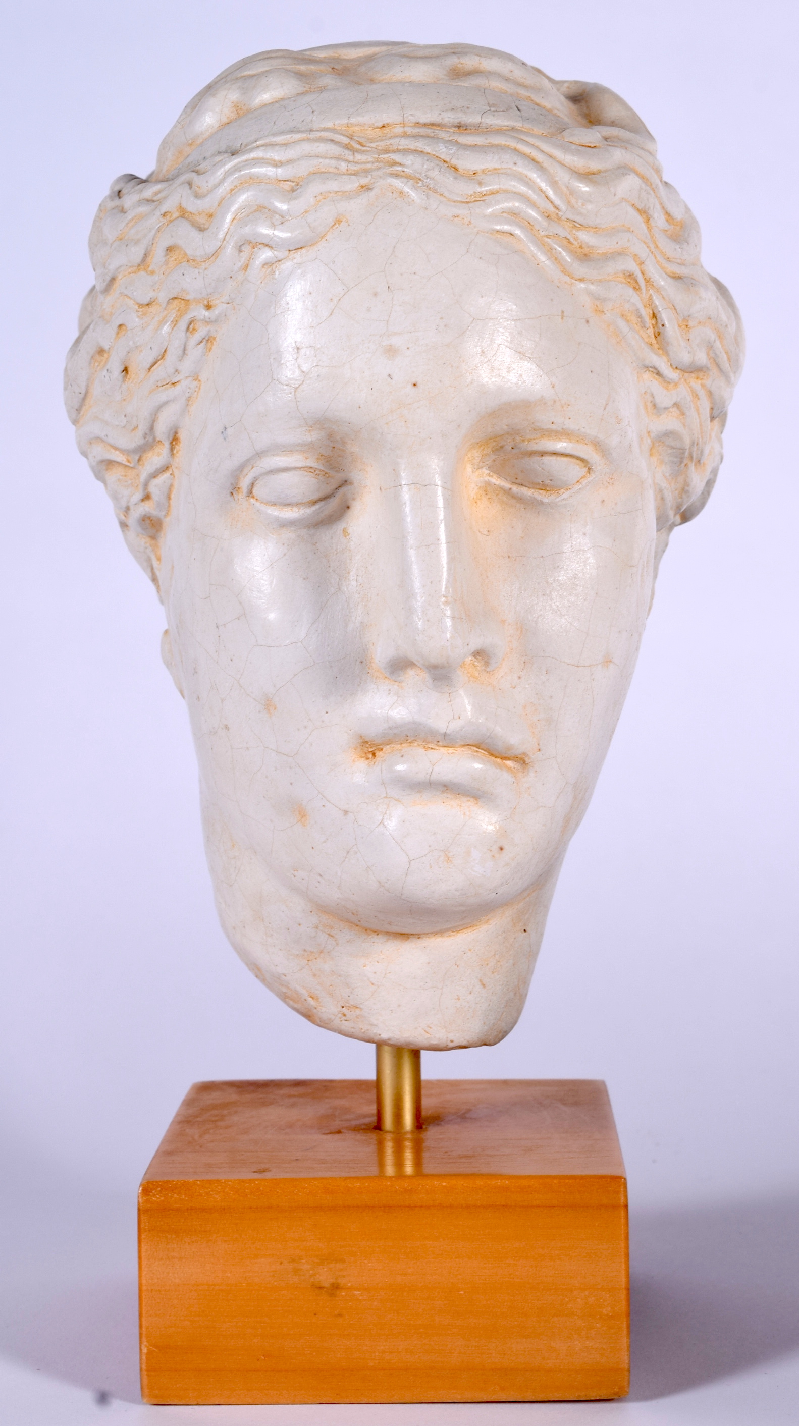 A GREEK PLASTER BUST OF A FEMALE, modelled upon a square wooden plinth. 29 cm high.