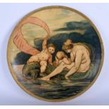 A RARE VICTORIAN PAPIER MACHE CIRCULAR DISH decorated with classical bathing scenes. 30 cm diameter