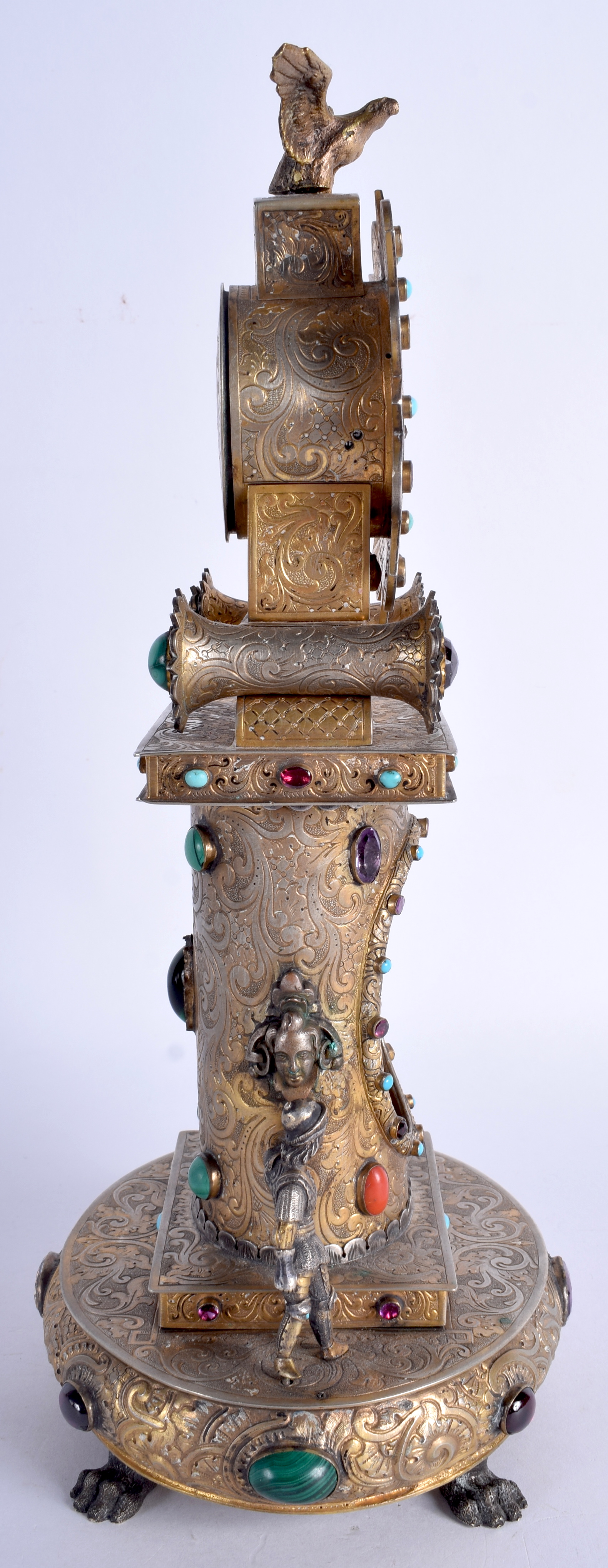 AN ANTIQUE AUSTRO HUNGARIAN SILVER GILT JEWELLED MANTEL CLOCK inset with malachite, garnets and tur - Bild 4 aus 5