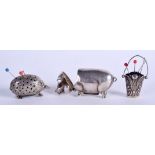 A VINTAGE SILVER HEDGEHOG PIN CUSHION together with a silver pin cushion & a vesta. (3)