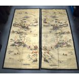 A LARGE PAIR OF EARLY 20TH CENTURY CHINESE SILKWORK PANELS depicting landscapes. 166 cm x 74 cm.