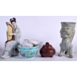 A CHINESE PORCELAIN FIGURINE OF A FEMALE MUSICIAN, together with a Yixing tea pot etc. (qty)