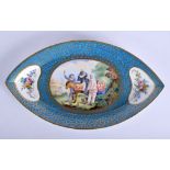AN 18TH/19TH CENTURY FRENCH SEVRES PORCELAIN OVAL DISH painted with figures and a donkey within a l