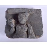 AN INDIAN SCHIST CARVED BUDDHA GANDARA STONE PANEL possibly 3rd/4th Century. 12 cm x 10 cm.