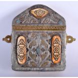 AN ANTIQUE TRIBAL MIDDLE EASTERN STAINED BOE AND BRASS BOX inset with turquoise. 13 cm x 17 cm.