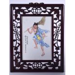 A CHINESE HARDWOOD FAMILLE ROSE PORCELAIN INSET PANEL OR PLAQUE, depicting a male, signed. 28.5 cm