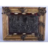 A RARE 17TH CENTURY CONTINENTAL CARVED TORTOISESHELL AND GILTWOOD PANEL probably Dutch or Flemish.