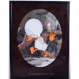 A VINTAGE MIRROR DEPICTING A SAD DUCK, contained within a black frame. 32 cm x 24.5 cm.