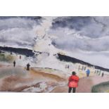 DUVALL GREATWOOD (British) FRAMED WATERCOLOUR, “Proper Geyser”, figures in Icelandic scene. 19 cm