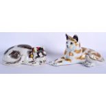 TWO 19TH CENTURY JAPANESE MEIJI PERIOD KUTANI PORCELAIN CATS modelled recumbent. 23 cm & 19 cm wide