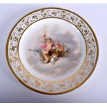A 19TH CENTURY PARIS PORCELAIN PLATE painted with a winged child in a cloud seated on a basket of f