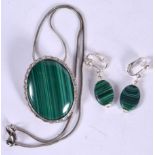 A MALACHITE NECKLACE, together with matching earrings. Pendant 4.5 cm x 3.5 cm.