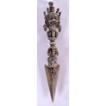 A TIBETAN WHITE METAL PHERBA, formed with a buddha head and tapering blade. 16 cm long.