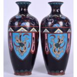 A PAIR OF EARLY 20TH CENTURY JAPANESE CLOISONNE ENAMEL VASE, decorated with mythical beasts in in s