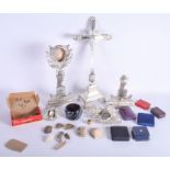 A LARGE UNUSUAL EARLY 20TH CENTURY WHITE METAL CRUCIFIX together with similar items, jewellery boxe