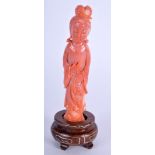 AN EARLY 20TH CENTURY CHINESE CARVED RED CORAL GUANYIN Late Qing. Coral 5 cm high. 7 cm high.